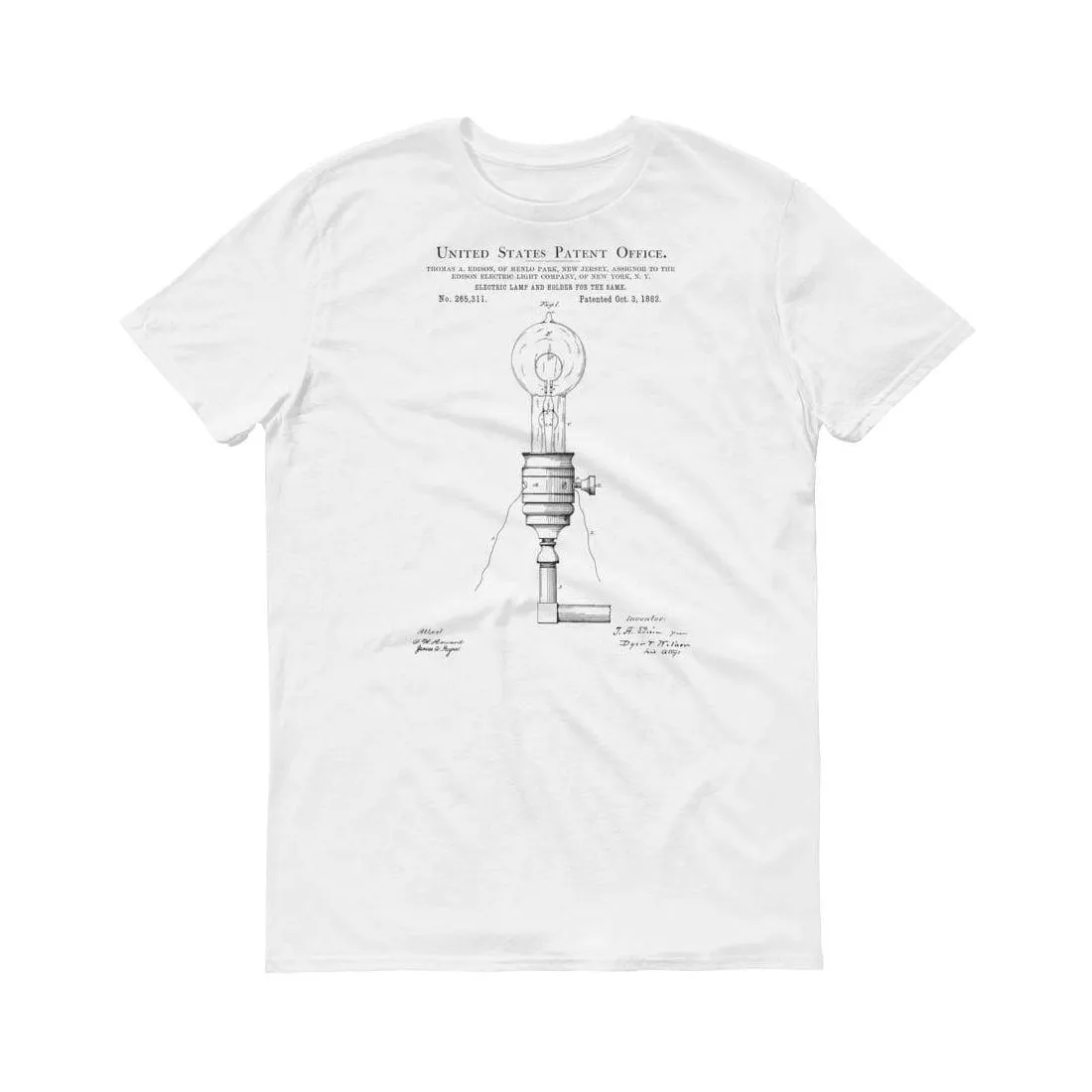 1880 Edison Electric Lamp and Holder Patent T-Shirt - Edison T-Shirt, Edison Lamp, Edison Patent,  Old Patent T-shirt, Light Bulb T-Shirt