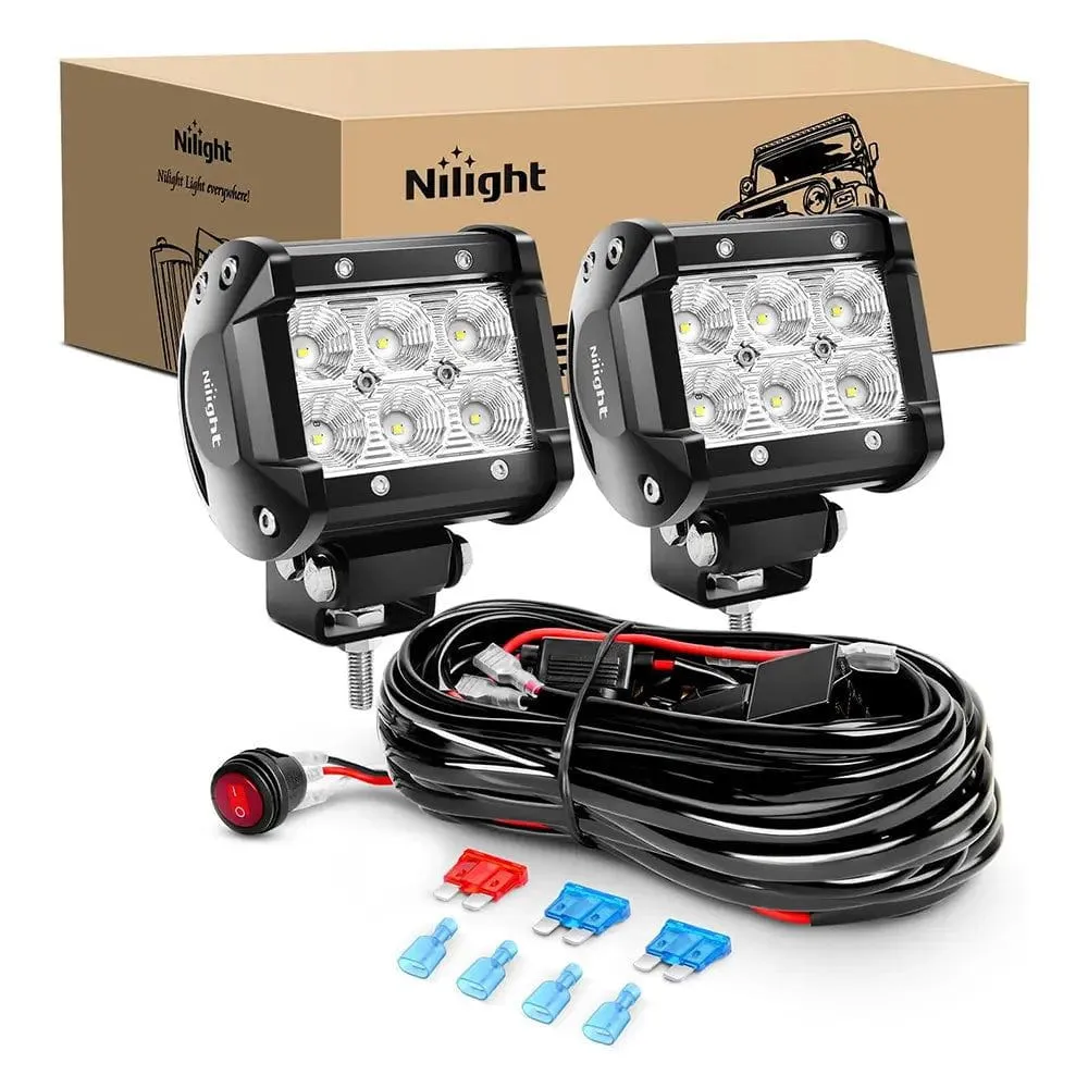 4 Inch 18W Double Row Flood LED Pods (Pair) | 16AWG Wire 3Pin Switch