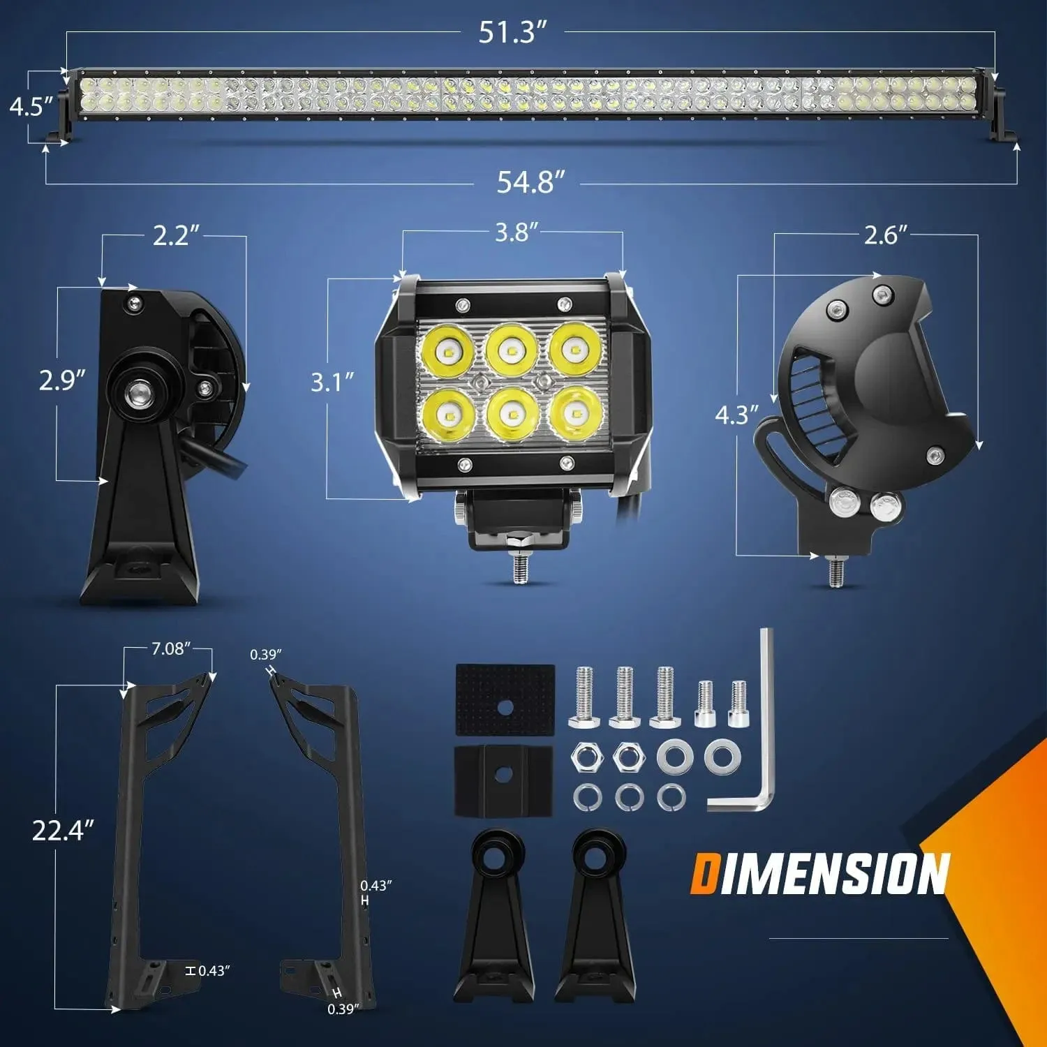 52 Inch Double Row Spot Flood LED Light Bar | 4 Inch 18W Spot LED Pods (Pair) | 16AWG Wire 3Pin Switch | Windshield Frame Mount on Wrangler JK 2007-2017