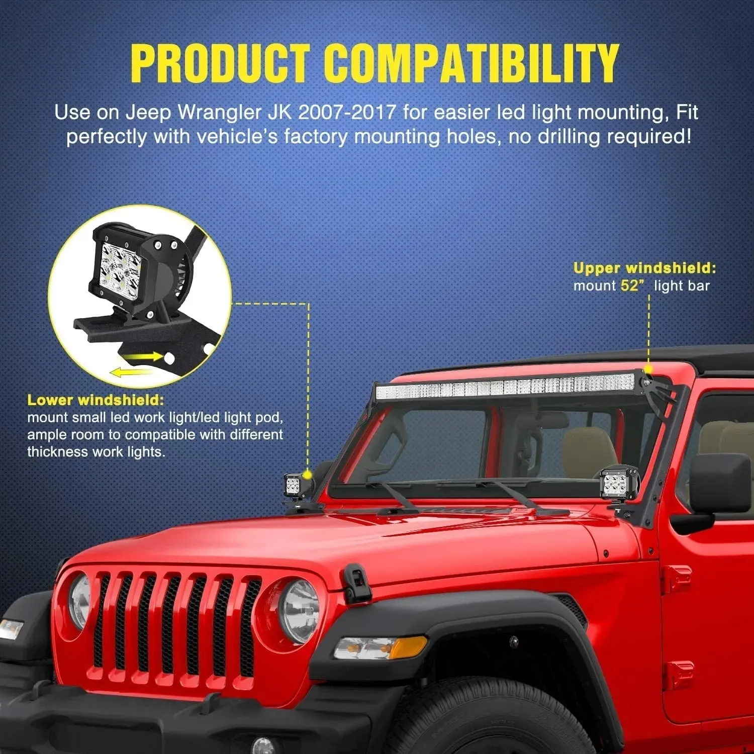 52 Inch Double Row Spot Flood LED Light Bar | 4 Inch 18W Spot LED Pods (Pair) | 16AWG Wire 3Pin Switch | Windshield Frame Mount on Wrangler JK 2007-2017