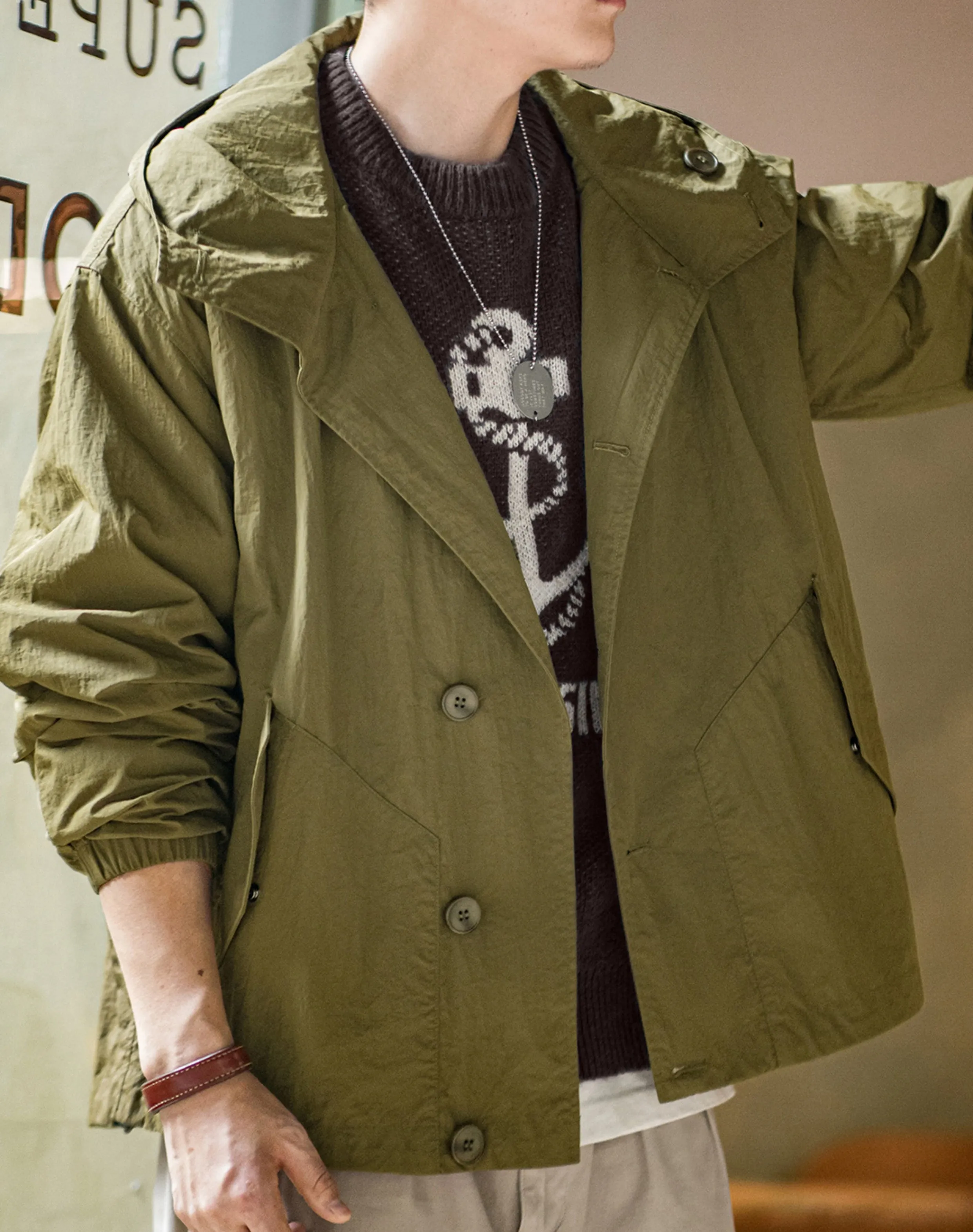 American Retro Pleated Thin Hooded Texture Outdoor Men's Jacket
