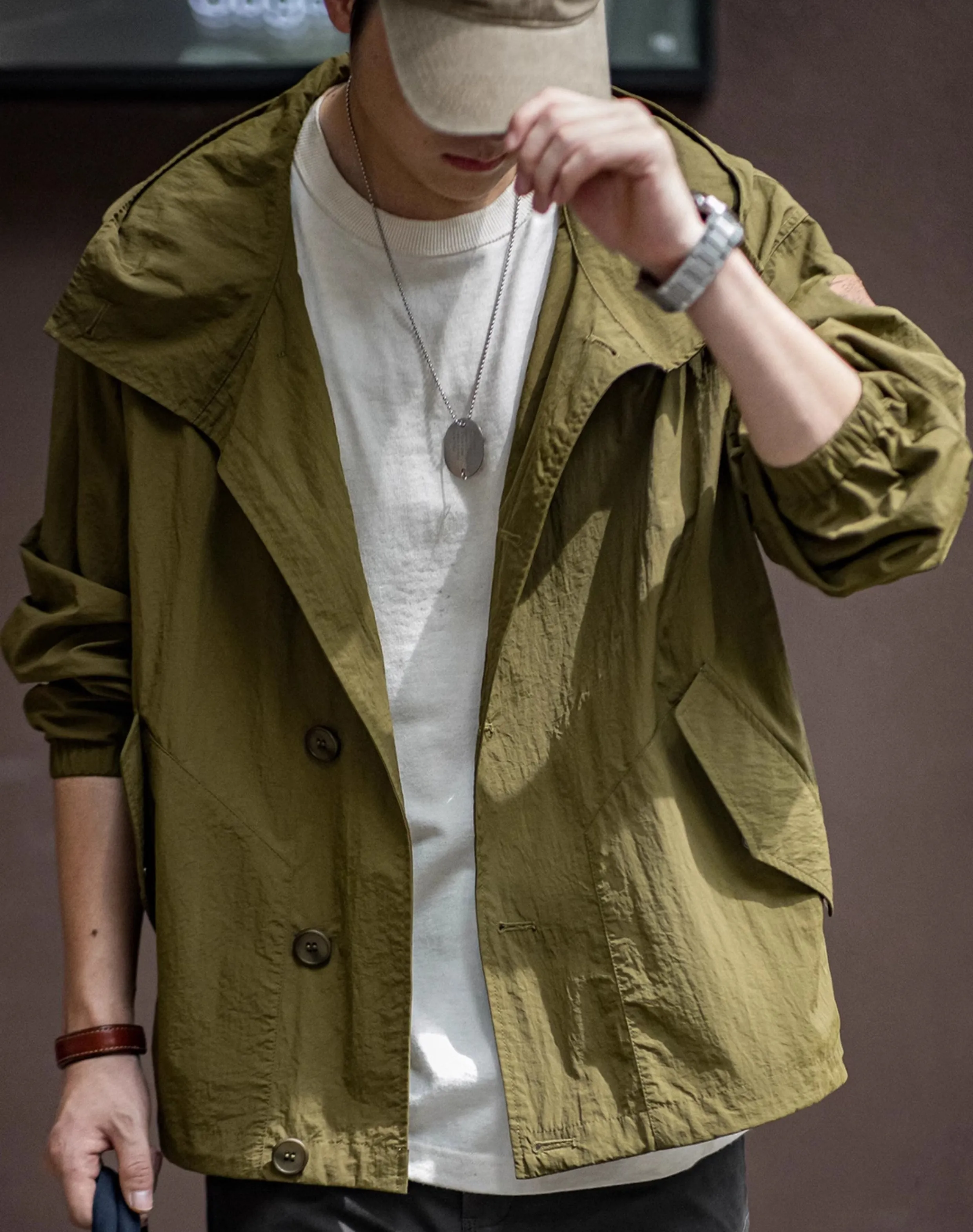 American Retro Pleated Thin Hooded Texture Outdoor Men's Jacket