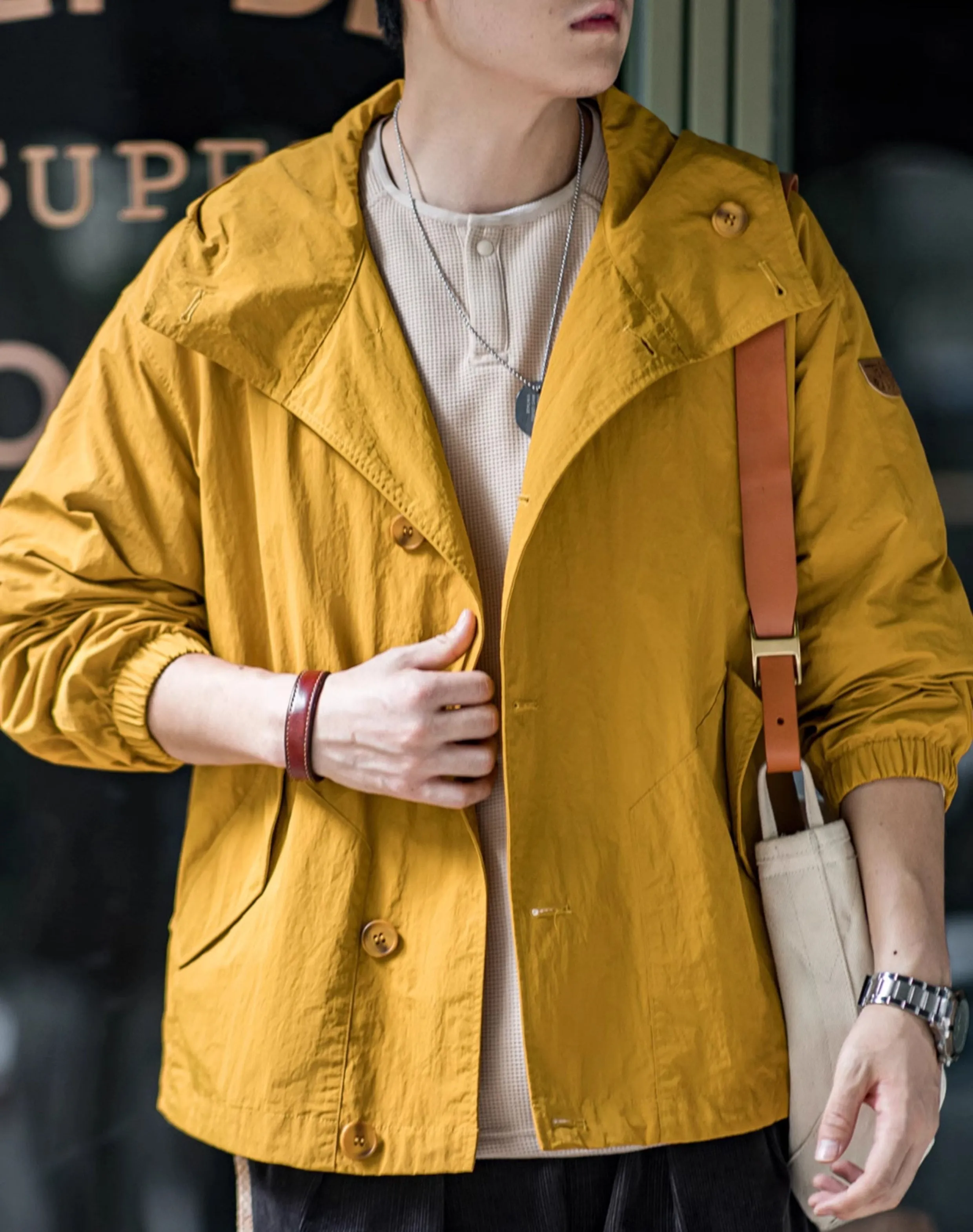 American Retro Pleated Thin Hooded Texture Outdoor Men's Jacket
