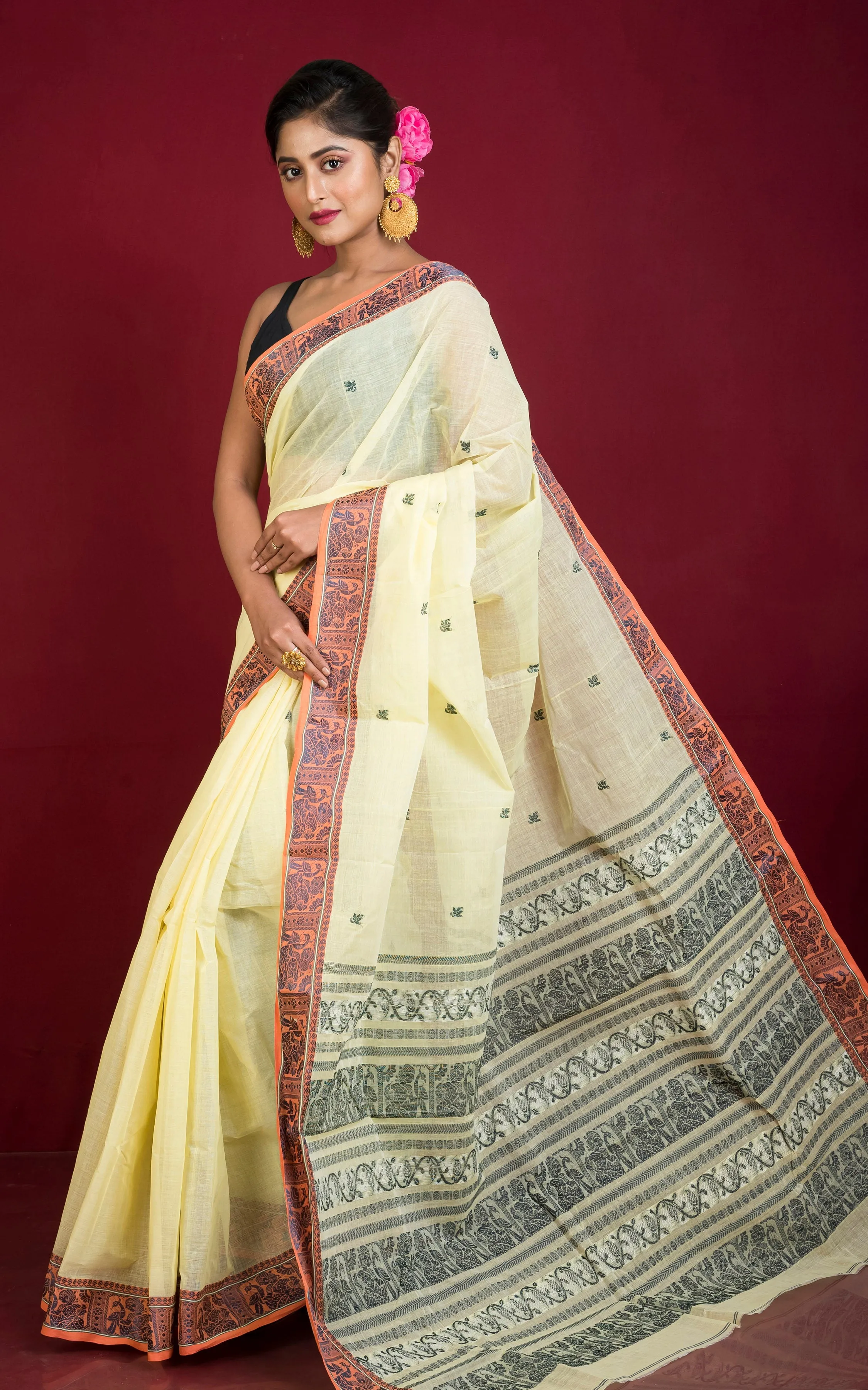 Bengal Handloom Cotton Baluchari Saree in Pastel Yellow, Apricot and Steel Grey