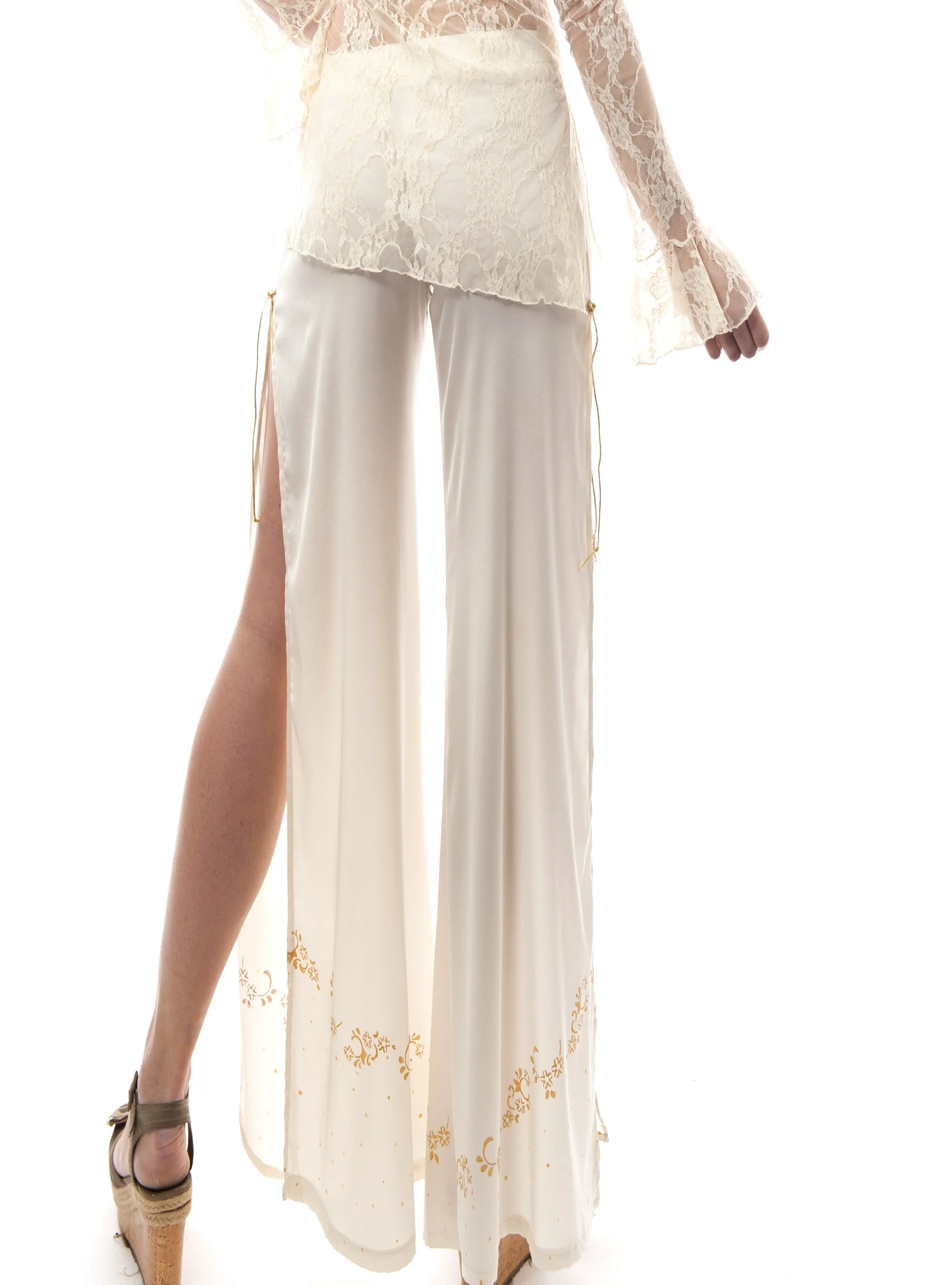 Bohemian style Silk wide pants with a large side slit and elastic waist