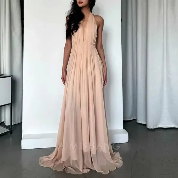 Elegant Open Back V Neck Flowy Halter Long Prom Dress Sexy Evening Party Dress Fashion Women's Dresses
