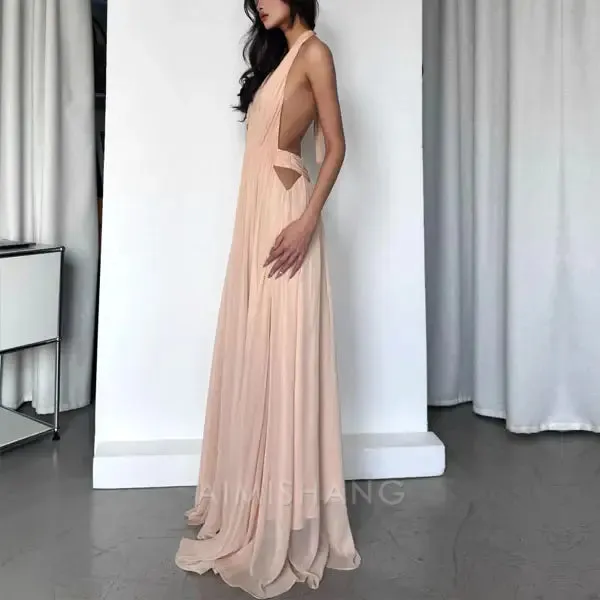Elegant Open Back V Neck Flowy Halter Long Prom Dress Sexy Evening Party Dress Fashion Women's Dresses