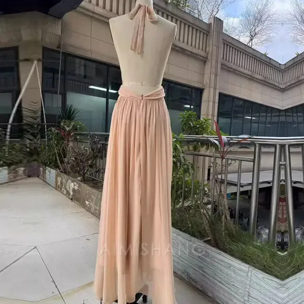 Elegant Open Back V Neck Flowy Halter Long Prom Dress Sexy Evening Party Dress Fashion Women's Dresses