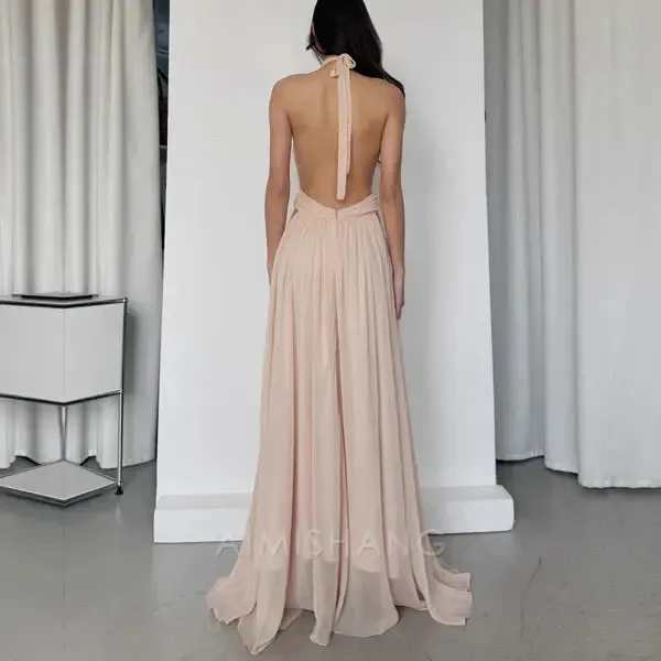 Elegant Open Back V Neck Flowy Halter Long Prom Dress Sexy Evening Party Dress Fashion Women's Dresses