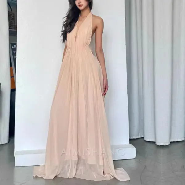 Elegant Open Back V Neck Flowy Halter Long Prom Dress Sexy Evening Party Dress Fashion Women's Dresses