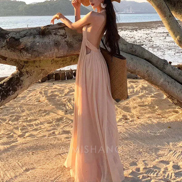 Elegant Open Back V Neck Flowy Halter Long Prom Dress Sexy Evening Party Dress Fashion Women's Dresses