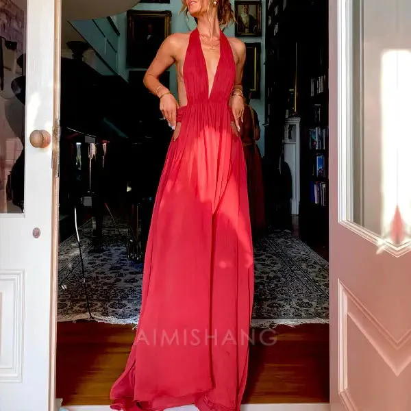 Elegant Open Back V Neck Flowy Halter Long Prom Dress Sexy Evening Party Dress Fashion Women's Dresses