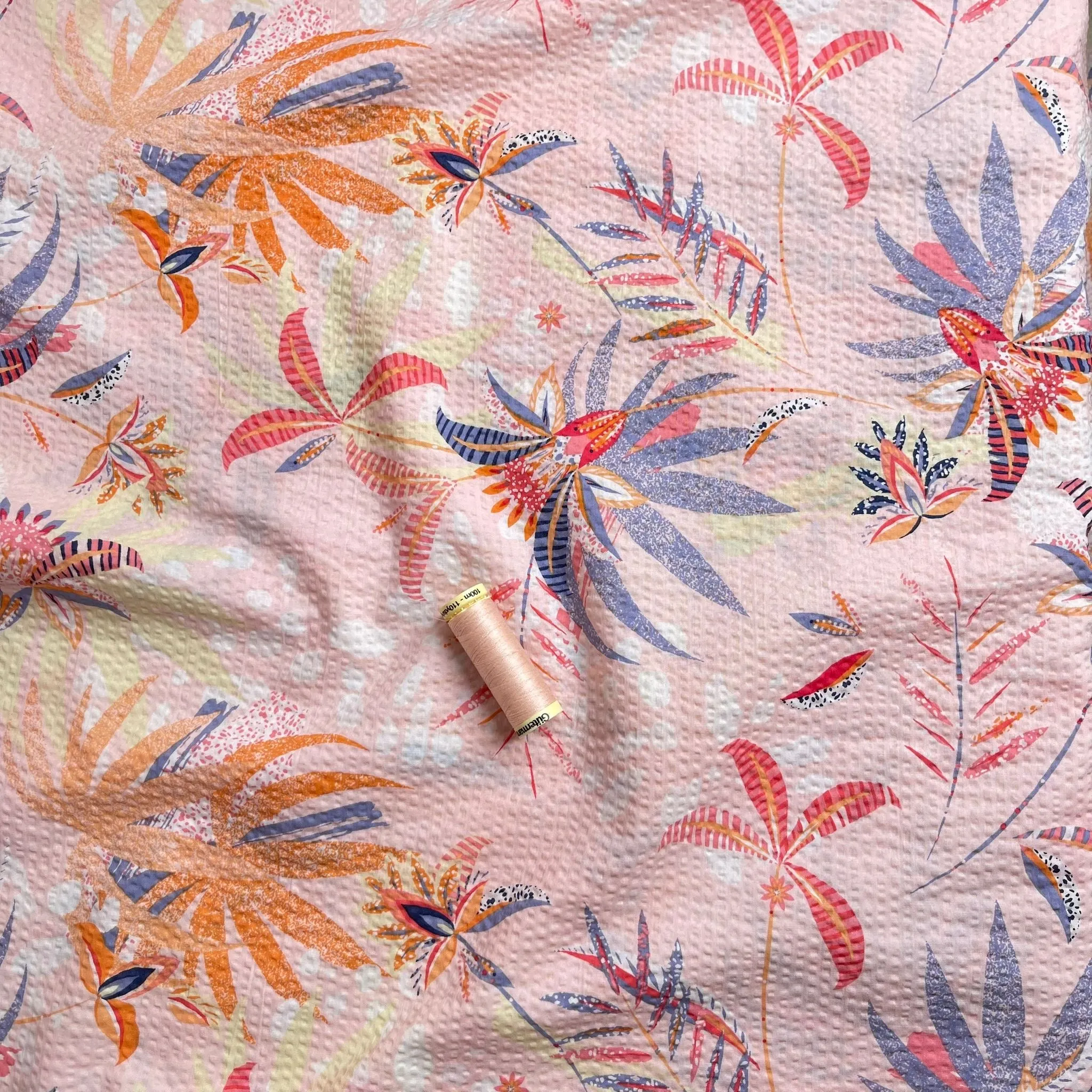 Ex-Designer Deadstock Tropical Blush Cotton Seersucker Fabric