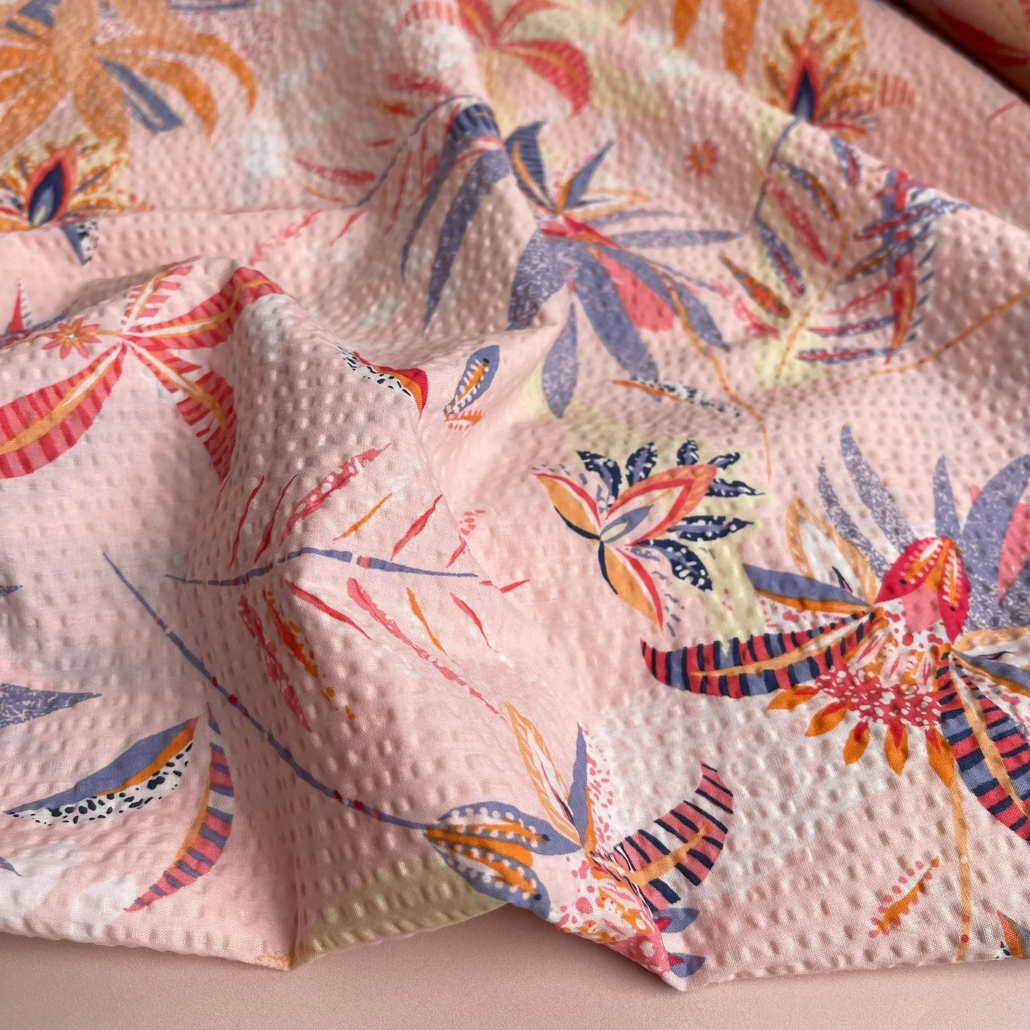 Ex-Designer Deadstock Tropical Blush Cotton Seersucker Fabric
