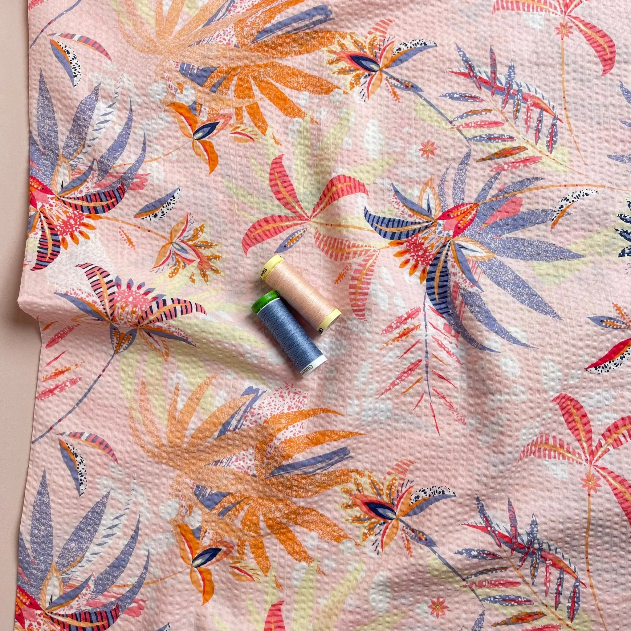 Ex-Designer Deadstock Tropical Blush Cotton Seersucker Fabric