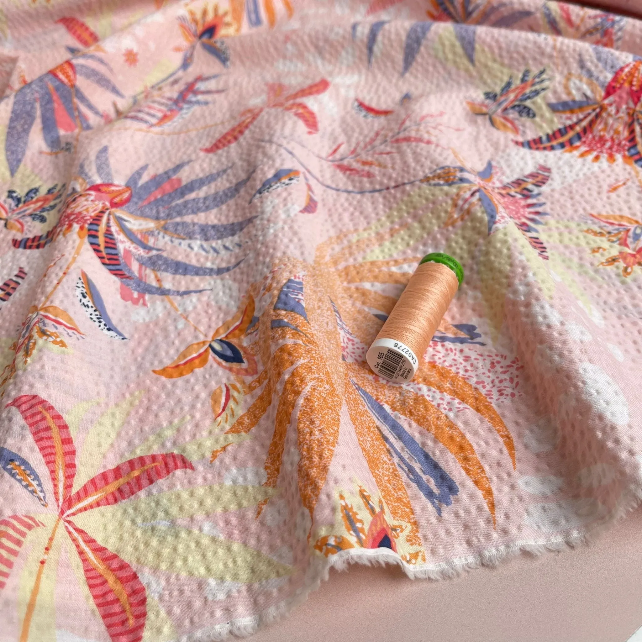 Ex-Designer Deadstock Tropical Blush Cotton Seersucker Fabric