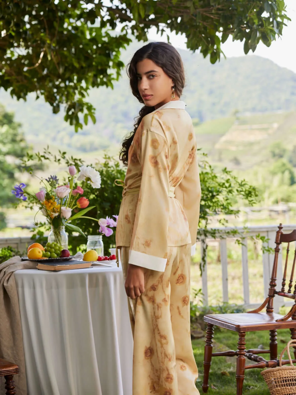 Floral Gold Long Pajama Set with Pockets
