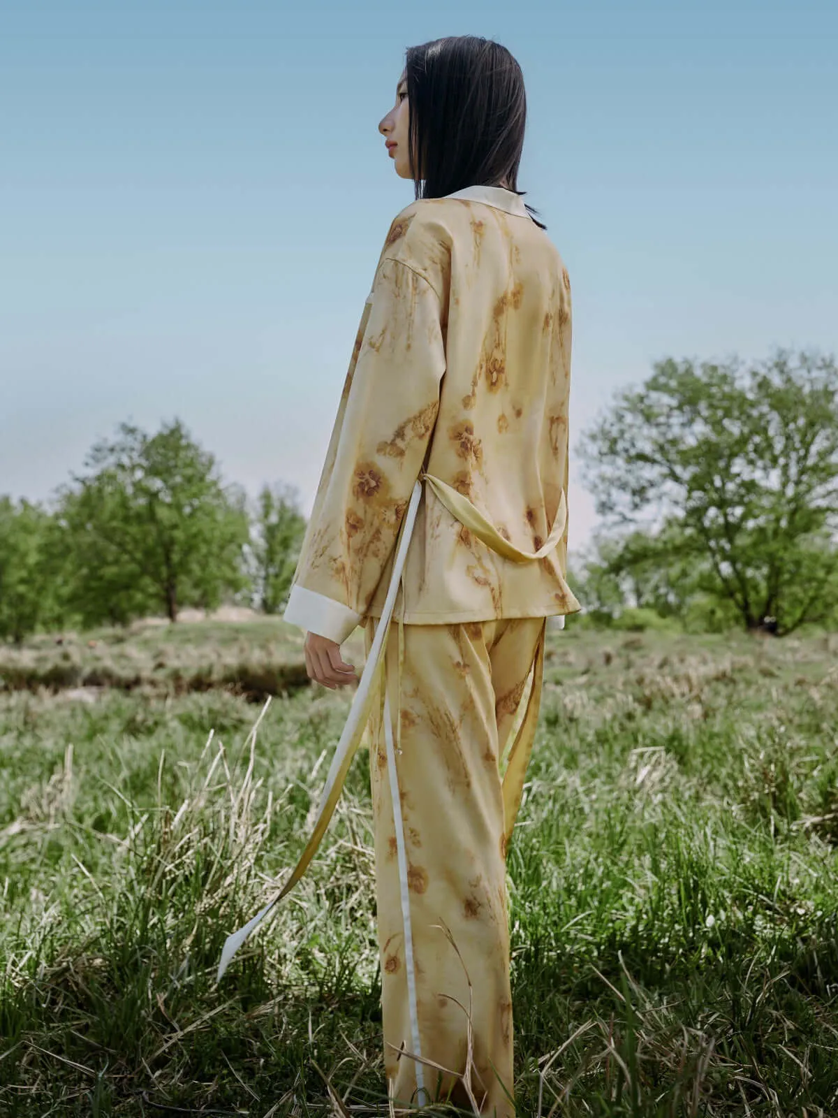 Floral Gold Long Pajama Set with Pockets