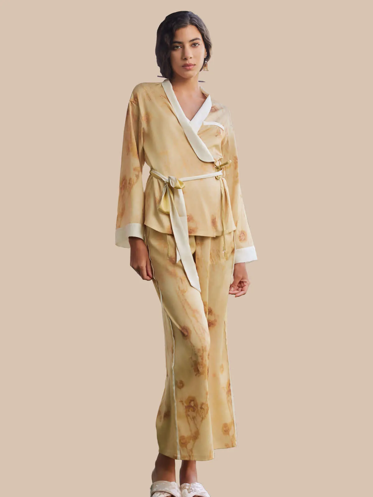 Floral Gold Long Pajama Set with Pockets