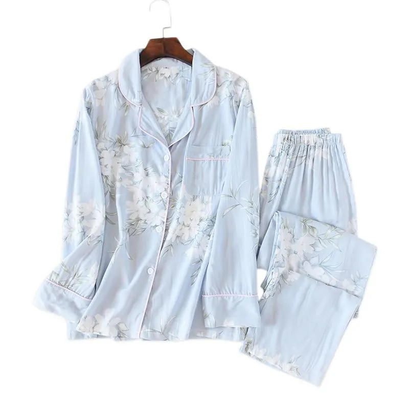 Fresh flower rayon summer pajamas sets women cozy casual sleepwear long sleeve quality pyjamas women homewear