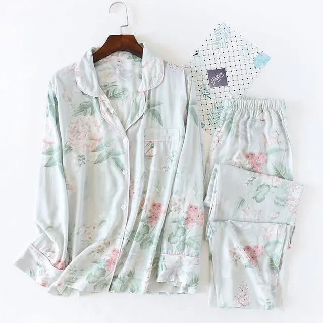 Fresh flower rayon summer pajamas sets women cozy casual sleepwear long sleeve quality pyjamas women homewear