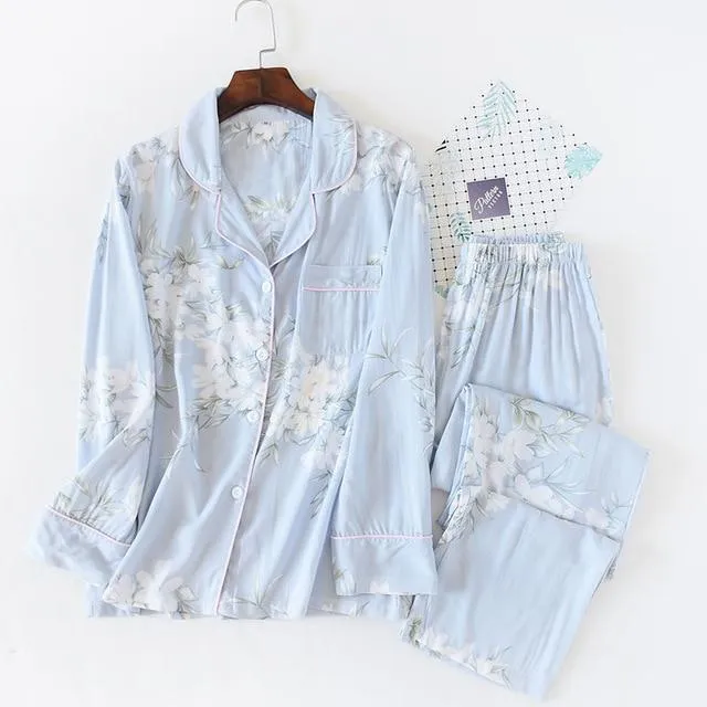 Fresh flower rayon summer pajamas sets women cozy casual sleepwear long sleeve quality pyjamas women homewear