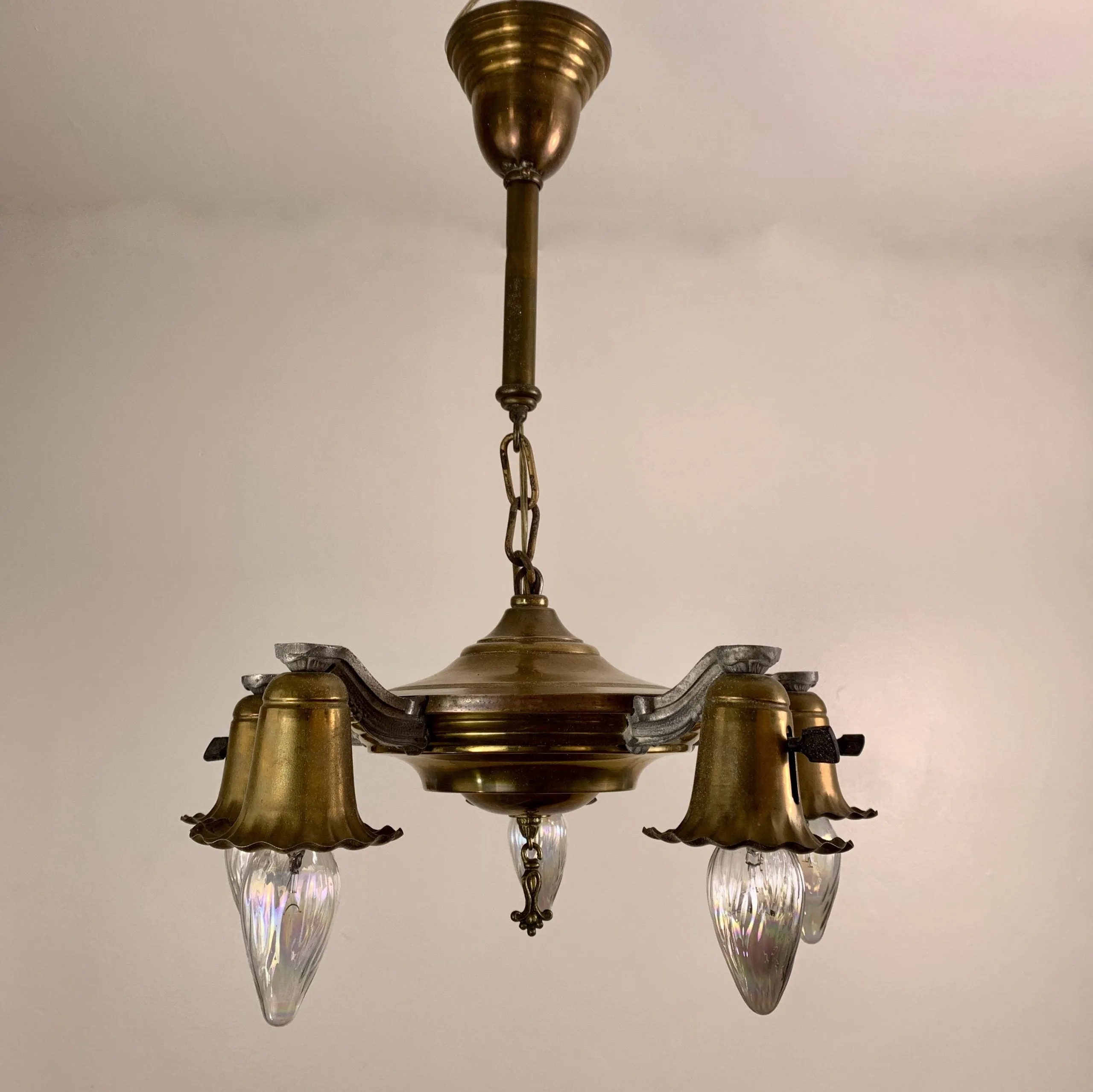 Hanging Light, Chandelier, Brass, Vintage, 4 - Light