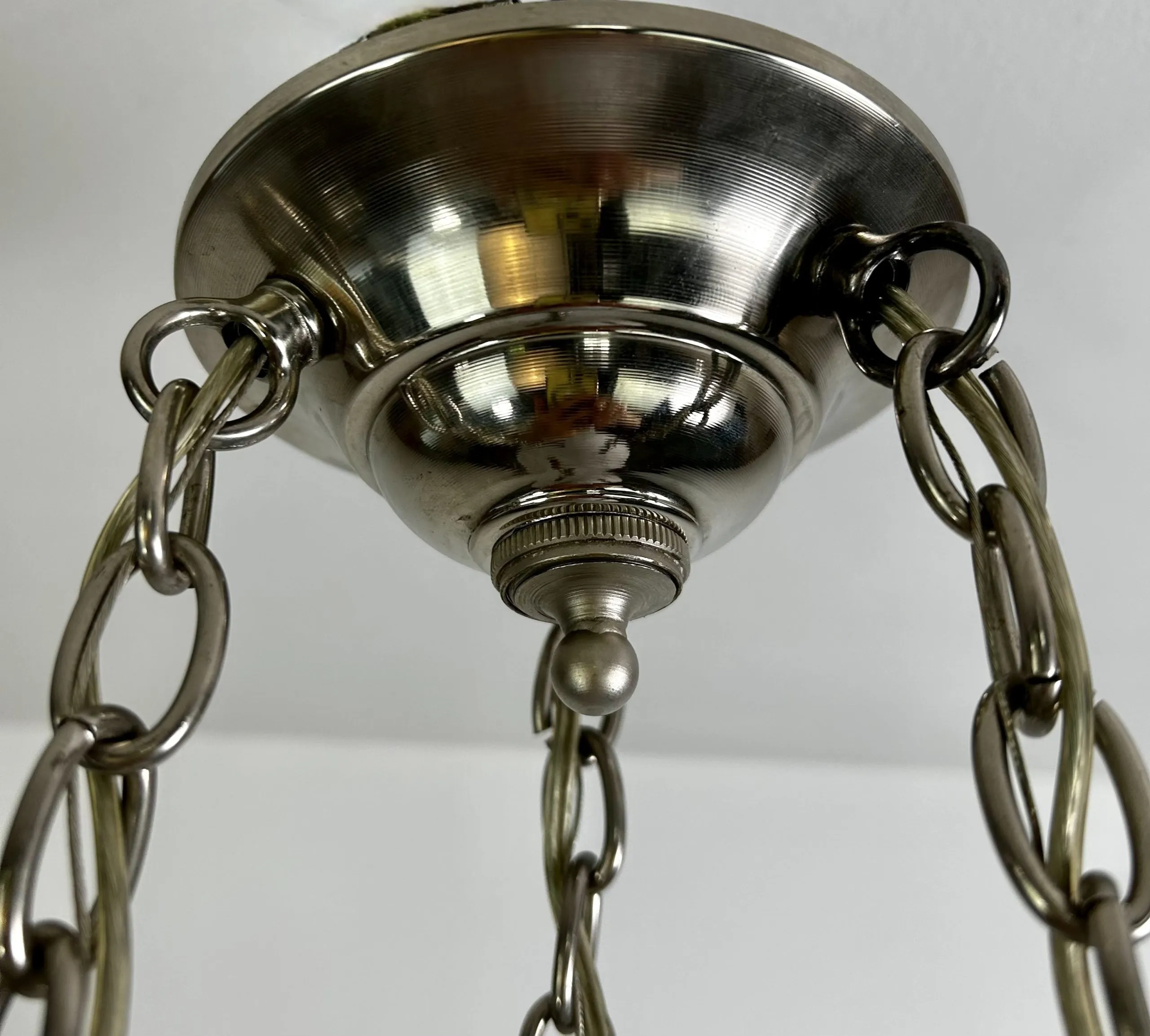 Hanging Light, Ribbed Milk Glass Bowl, Triple Chain in Nickel