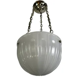 Hanging Light, Ribbed Milk Glass Bowl, Triple Chain in Nickel