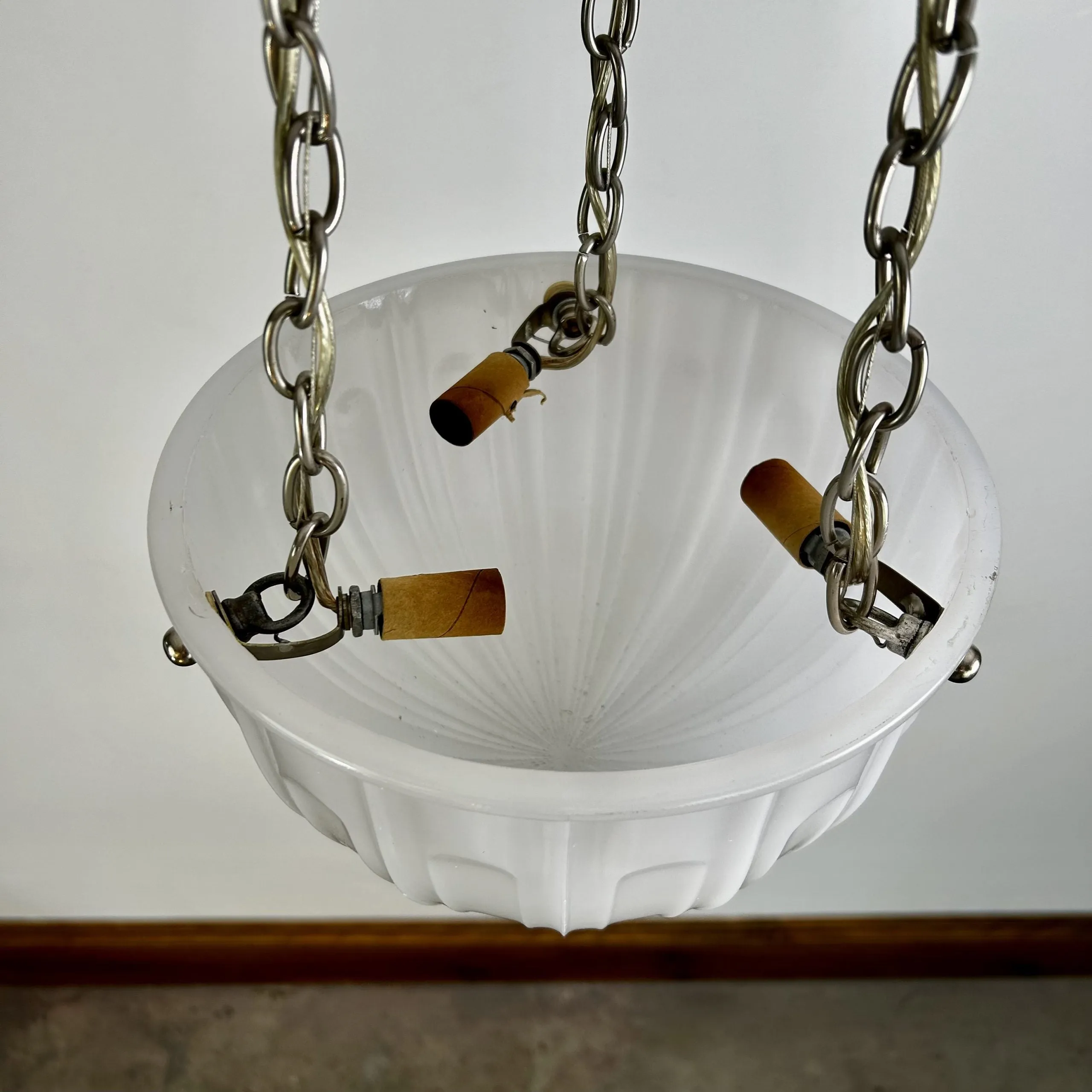 Hanging Light, Ribbed Milk Glass Bowl, Triple Chain in Nickel