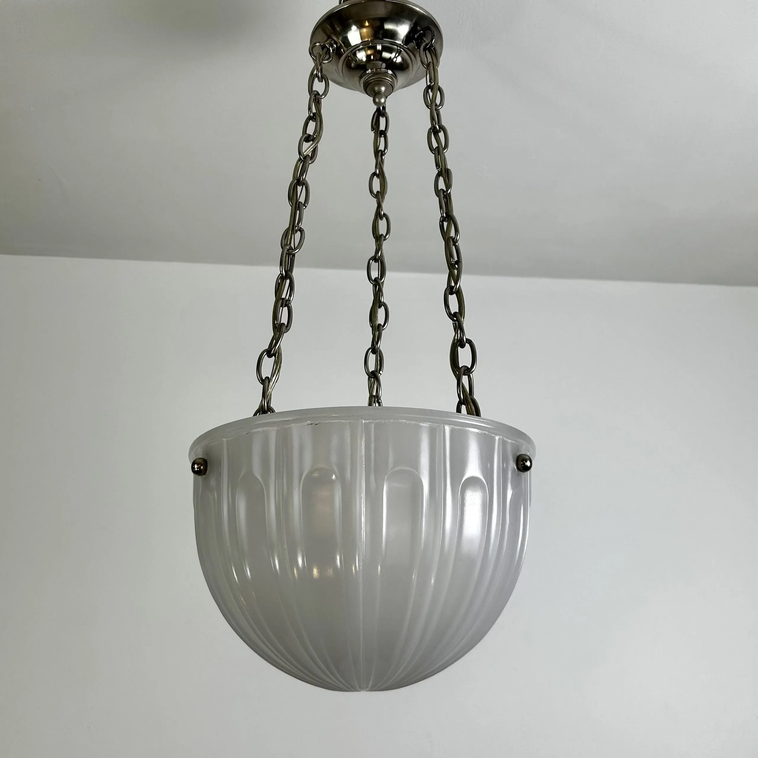 Hanging Light, Ribbed Milk Glass Bowl, Triple Chain in Nickel