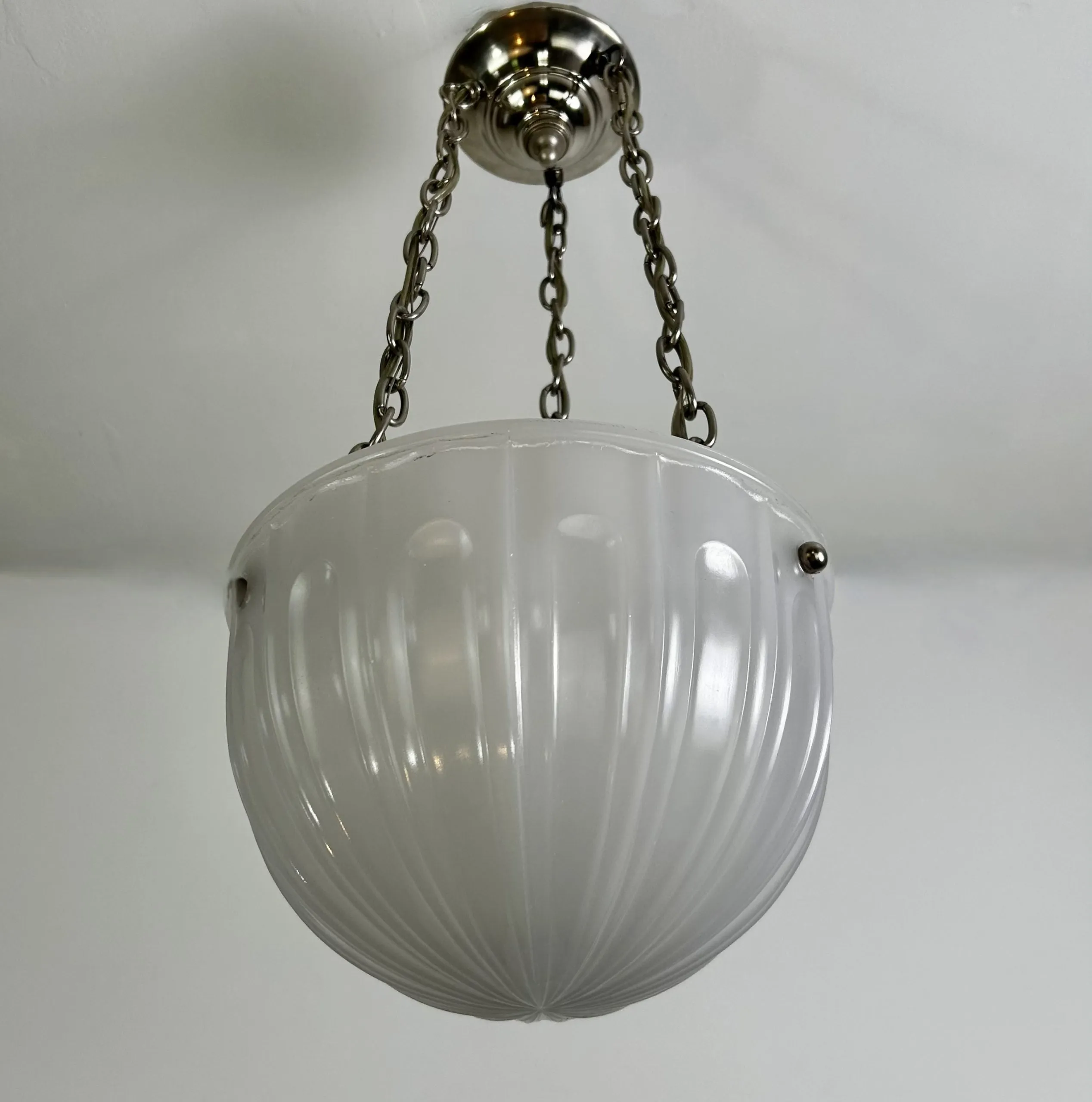 Hanging Light, Ribbed Milk Glass Bowl, Triple Chain in Nickel