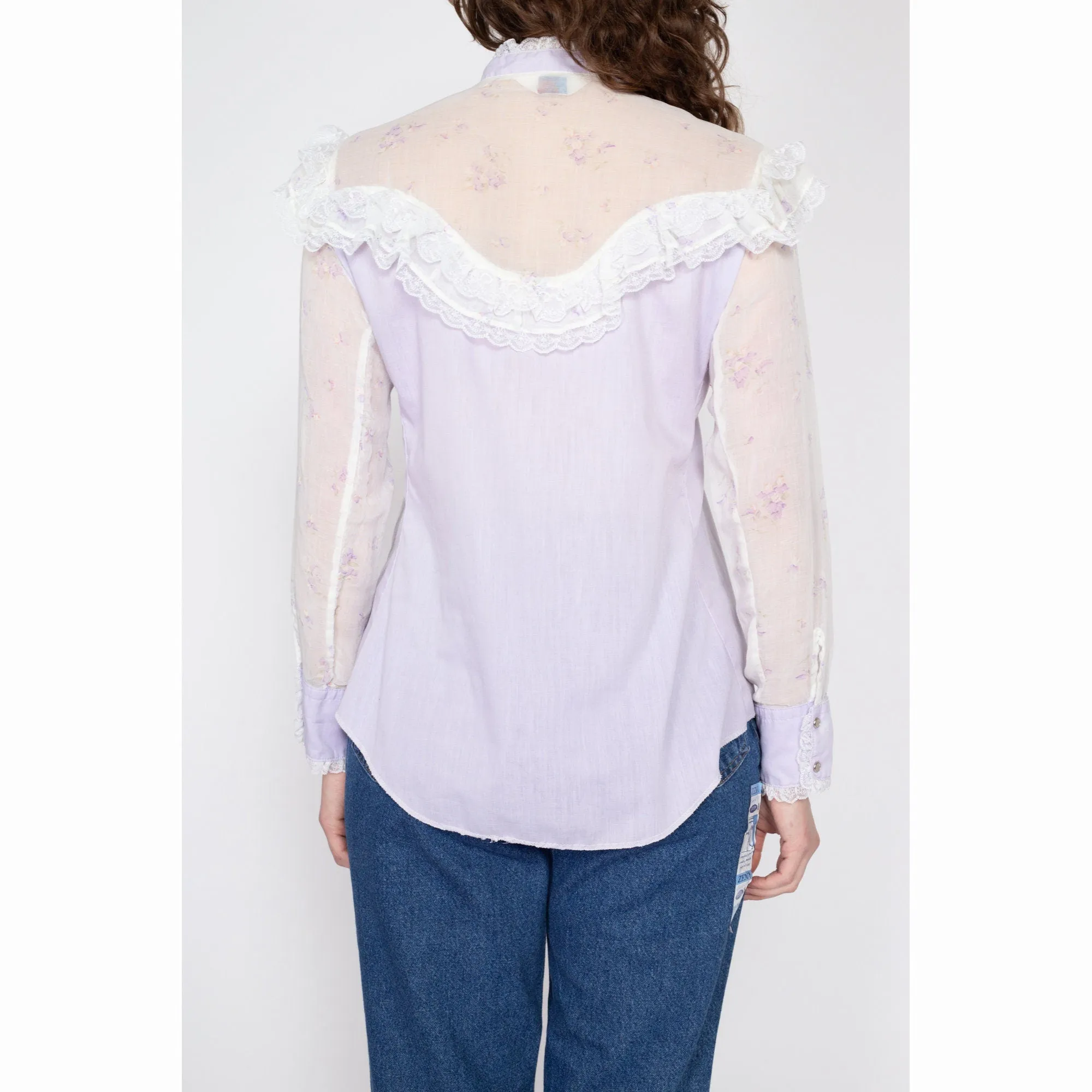 Large 70s Pastel Purple Western Lace Trim Prairie Blouse
