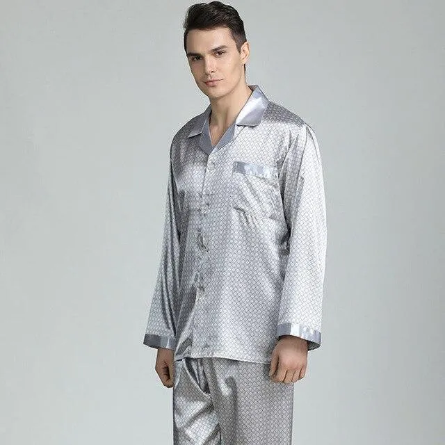 Mens Stain Silk Pajama Set Pajamas Men Sleepwear V-collar Cozy Soft Long Sleeve Nightgown Tops   Trousers Two Pieces Home Male