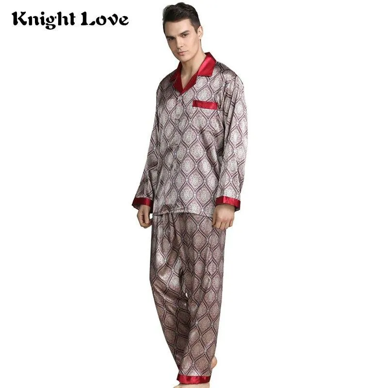 Mens Stain Silk Pajama Set Pajamas Men Sleepwear V-collar Cozy Soft Long Sleeve Nightgown Tops   Trousers Two Pieces Home Male