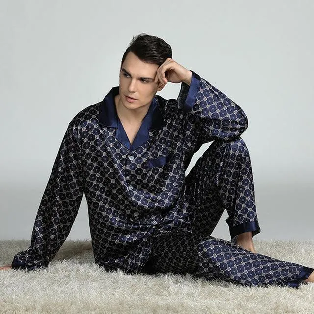 Mens Stain Silk Pajama Set Pajamas Men Sleepwear V-collar Cozy Soft Long Sleeve Nightgown Tops   Trousers Two Pieces Home Male