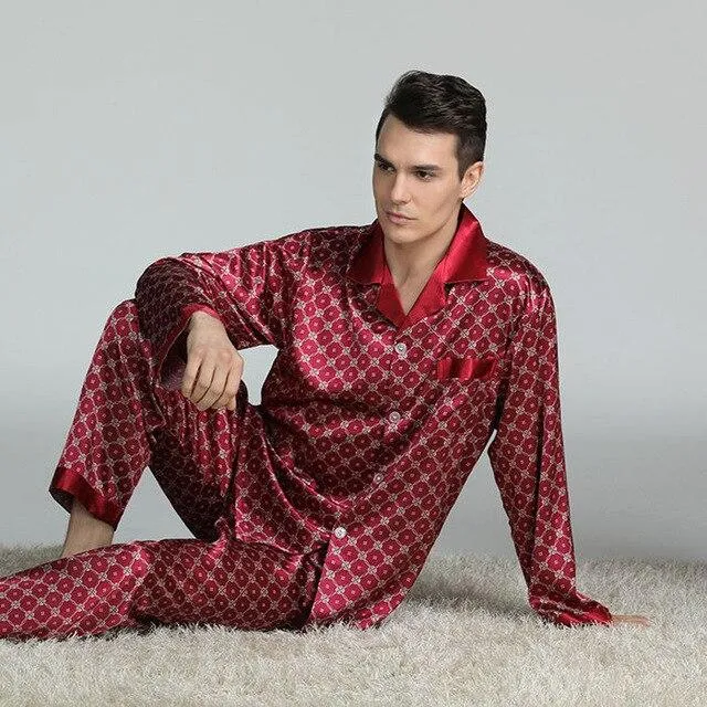 Mens Stain Silk Pajama Set Pajamas Men Sleepwear V-collar Cozy Soft Long Sleeve Nightgown Tops   Trousers Two Pieces Home Male