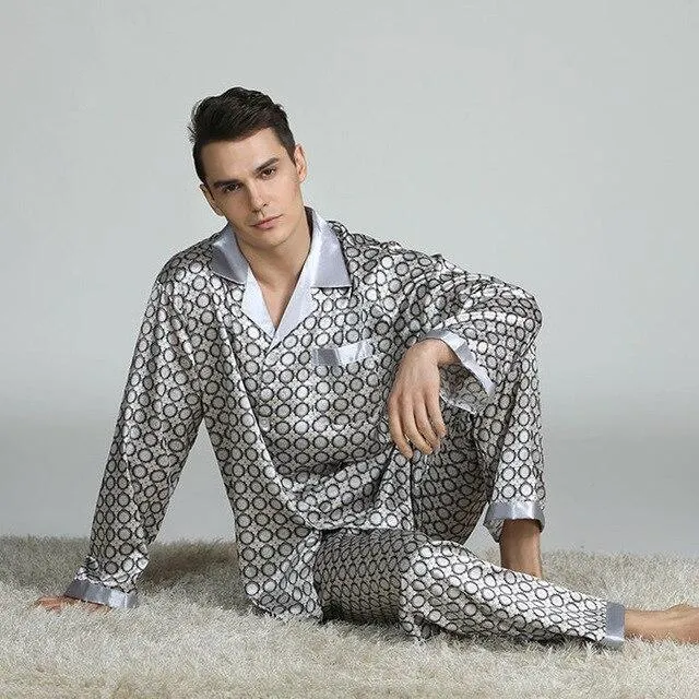 Mens Stain Silk Pajama Set Pajamas Men Sleepwear V-collar Cozy Soft Long Sleeve Nightgown Tops   Trousers Two Pieces Home Male