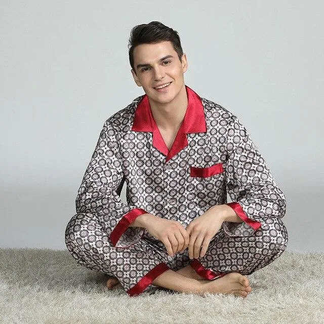 Mens Stain Silk Pajama Set Pajamas Men Sleepwear V-collar Cozy Soft Long Sleeve Nightgown Tops   Trousers Two Pieces Home Male