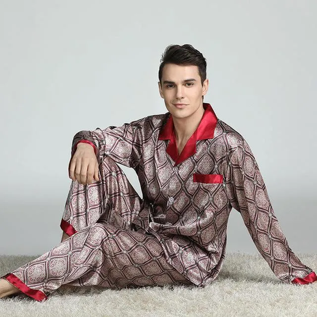 Mens Stain Silk Pajama Set Pajamas Men Sleepwear V-collar Cozy Soft Long Sleeve Nightgown Tops   Trousers Two Pieces Home Male