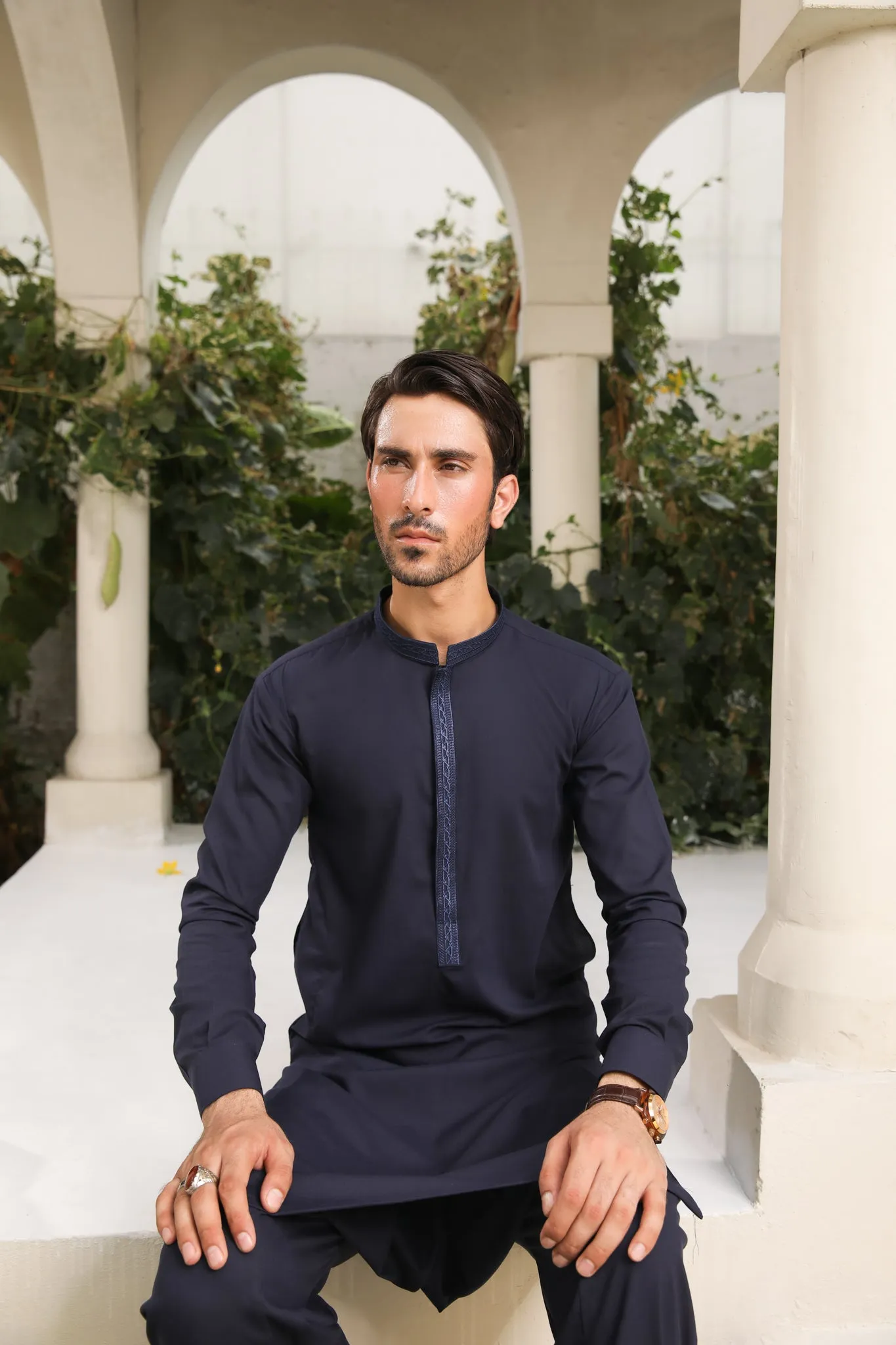 Navy Blue Kameez Shalwar - Collar Neck Embroidered - Men