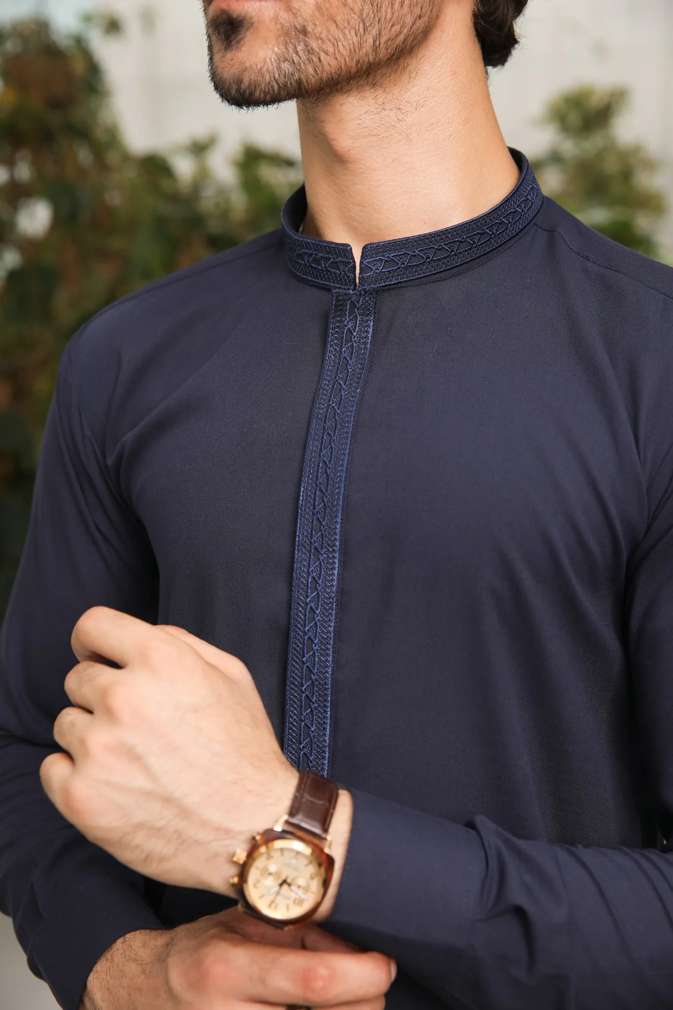 Navy Blue Kameez Shalwar - Collar Neck Embroidered - Men
