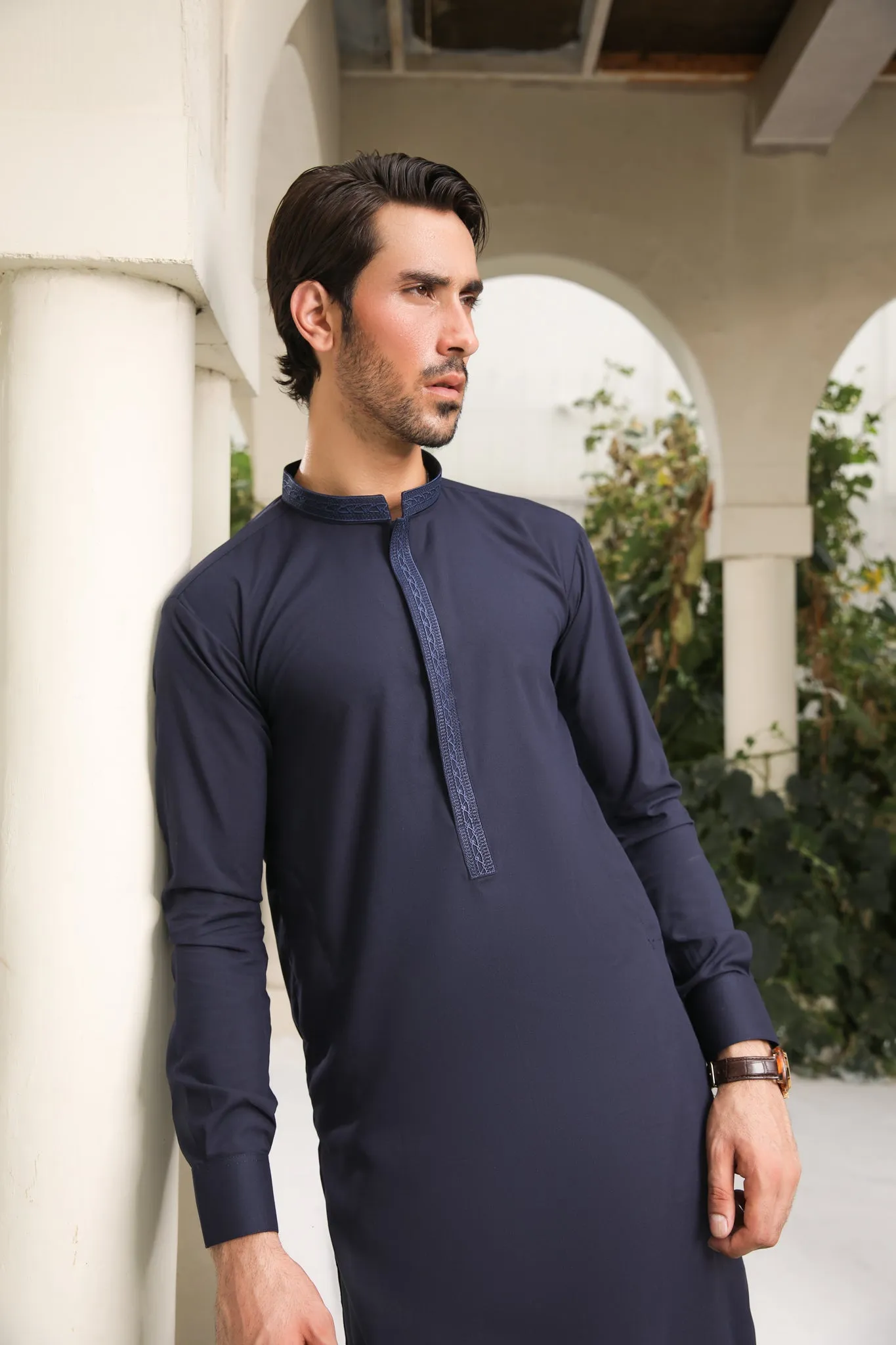 Navy Blue Kameez Shalwar - Collar Neck Embroidered - Men