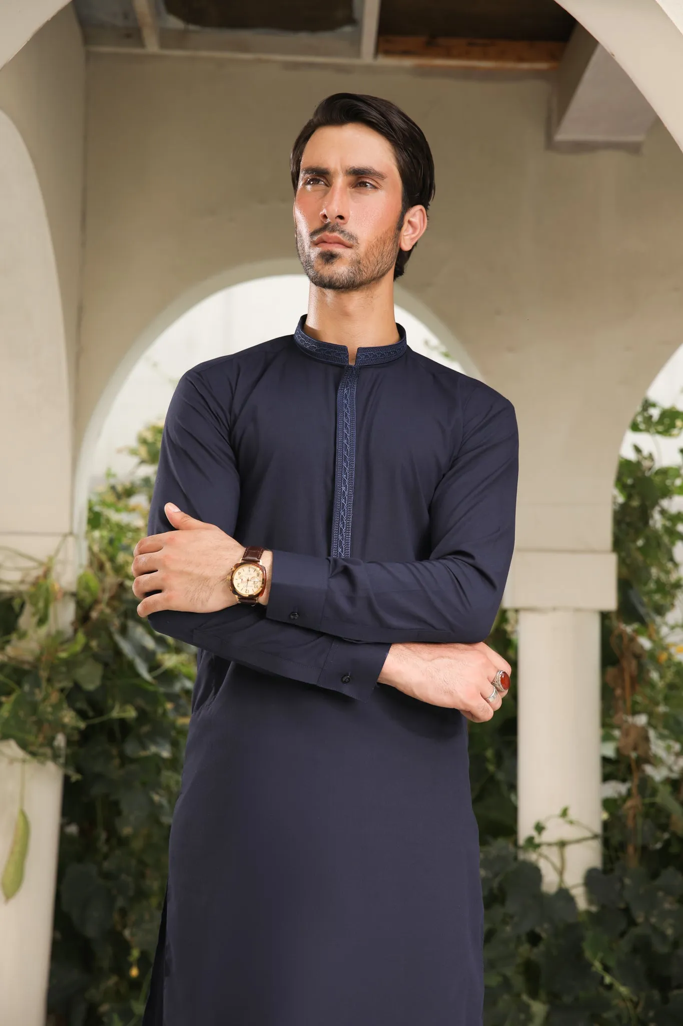 Navy Blue Kameez Shalwar - Collar Neck Embroidered - Men