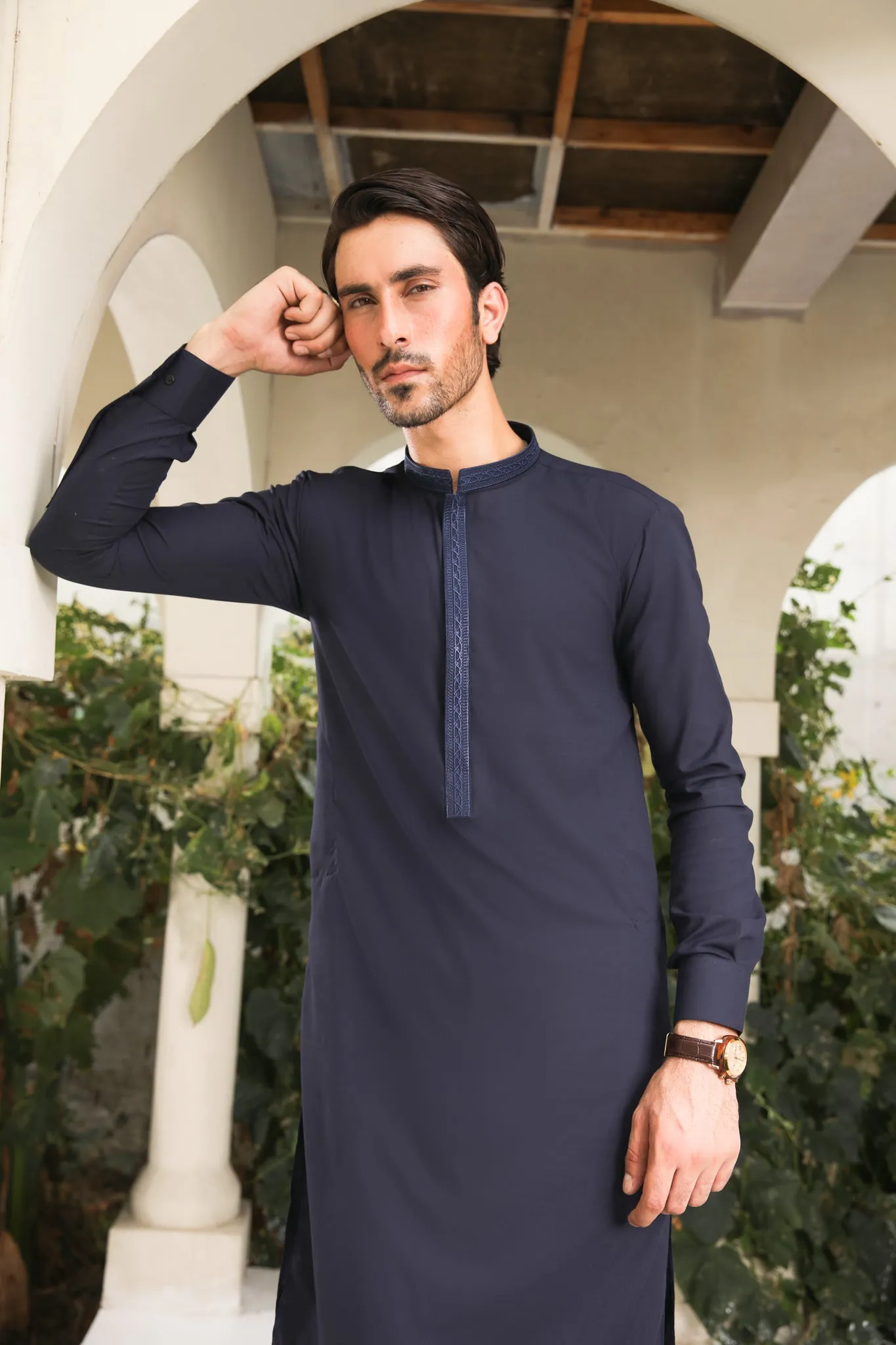 Navy Blue Kameez Shalwar - Collar Neck Embroidered - Men