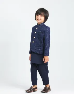 Navy Blue Kurta Trouser with Sequin Embroidered Prince Coat - Kids