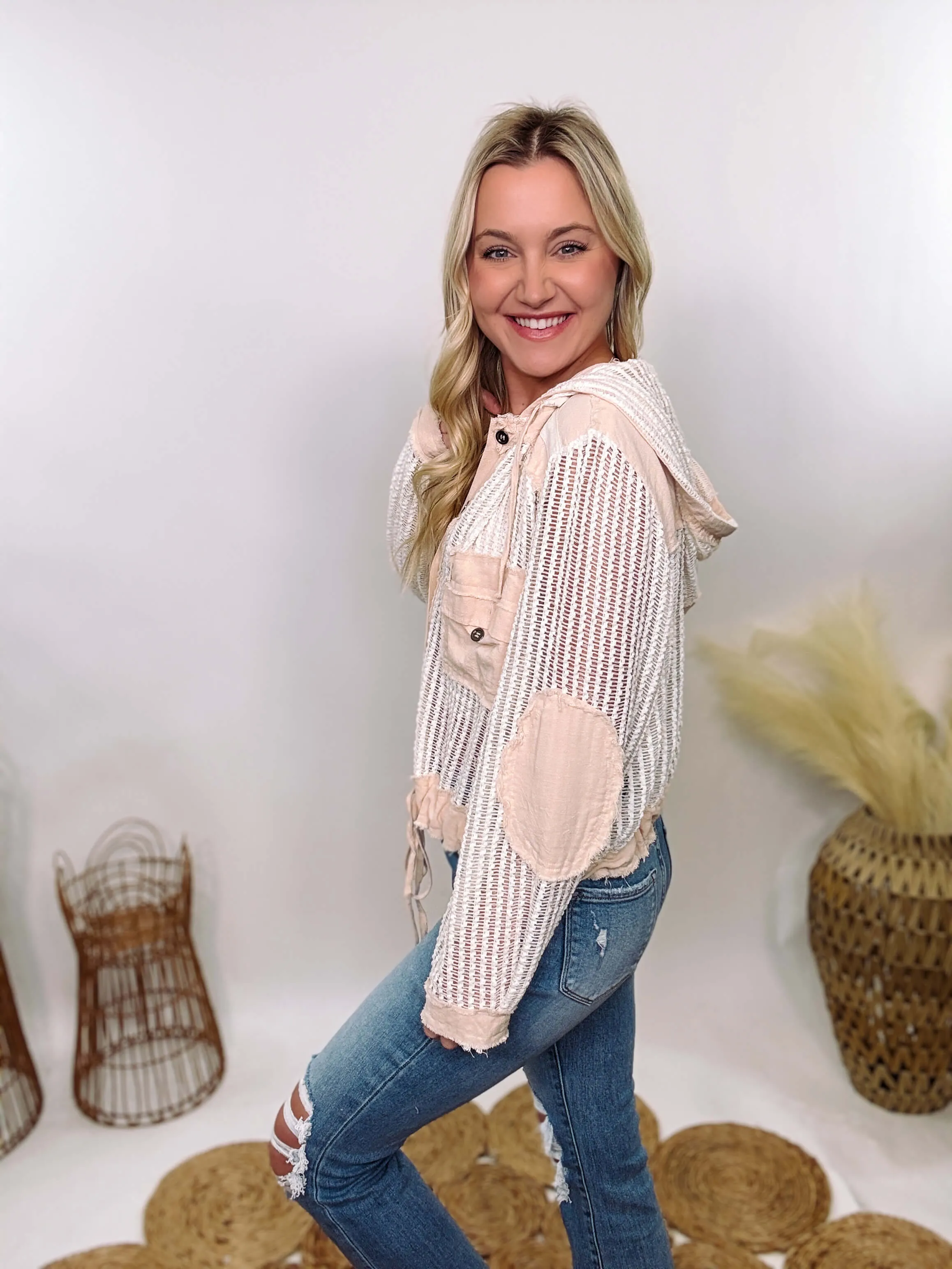 Neutral Beige POL Crochet Long Sleeve Button-Up Hoodie Jacket