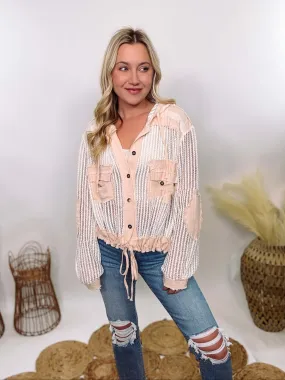 Neutral Beige POL Crochet Long Sleeve Button-Up Hoodie Jacket