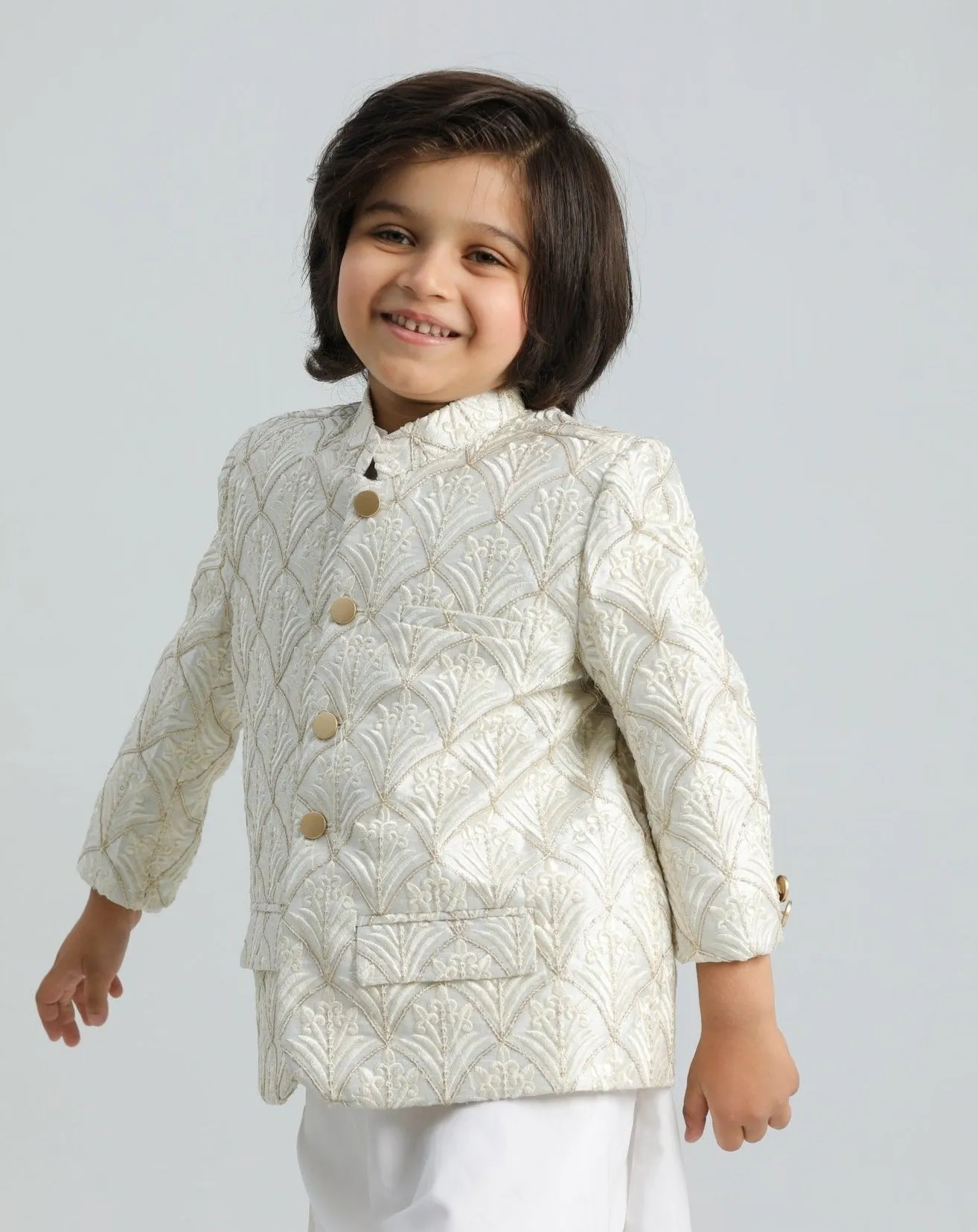 Off White Kurta Trouser with Sequin Embroidered Prince Coat - Kids