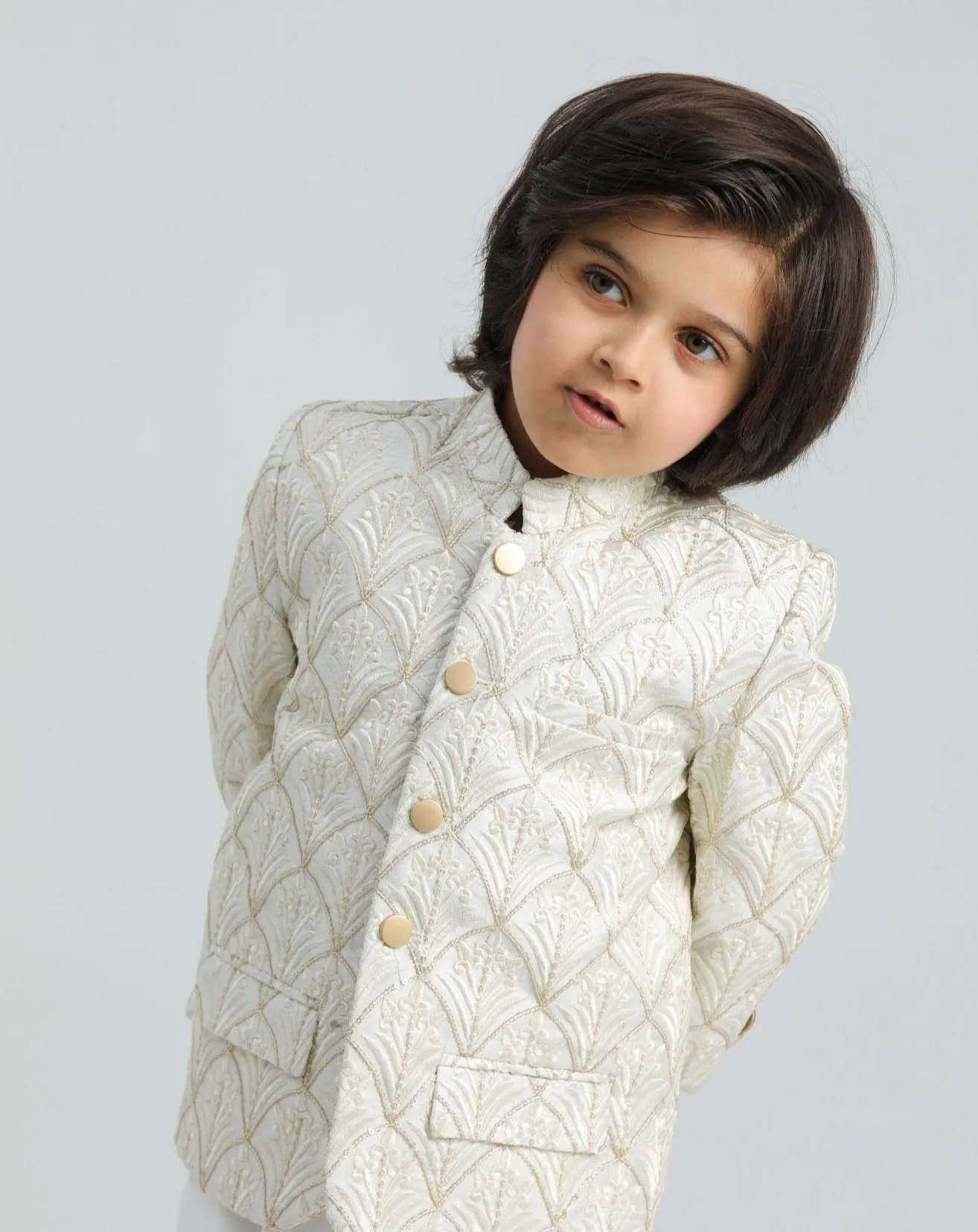 Off White Kurta Trouser with Sequin Embroidered Prince Coat - Kids